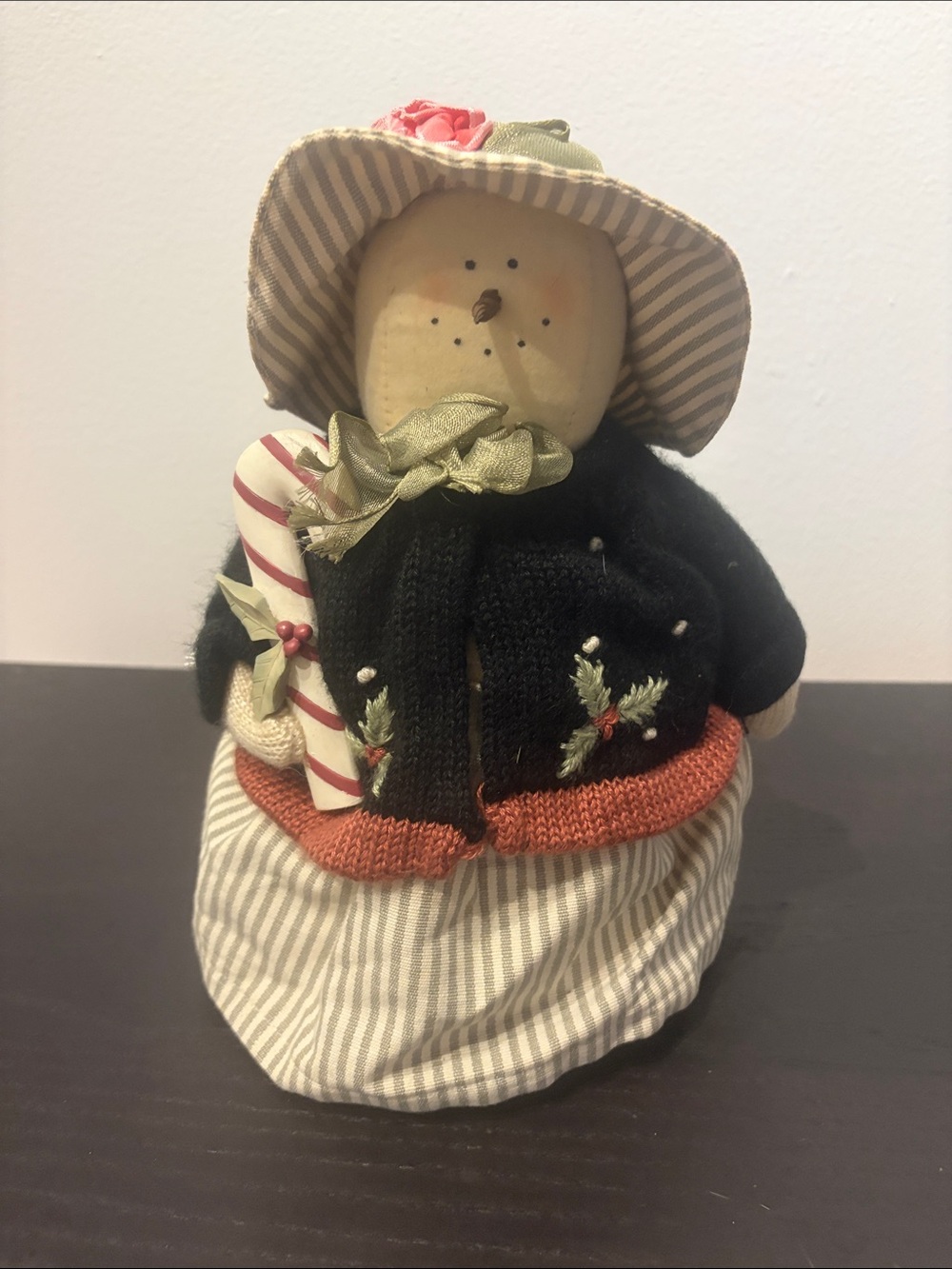 Handmade Country Snowman Doll with Candy Cane - Black, Cream, Red